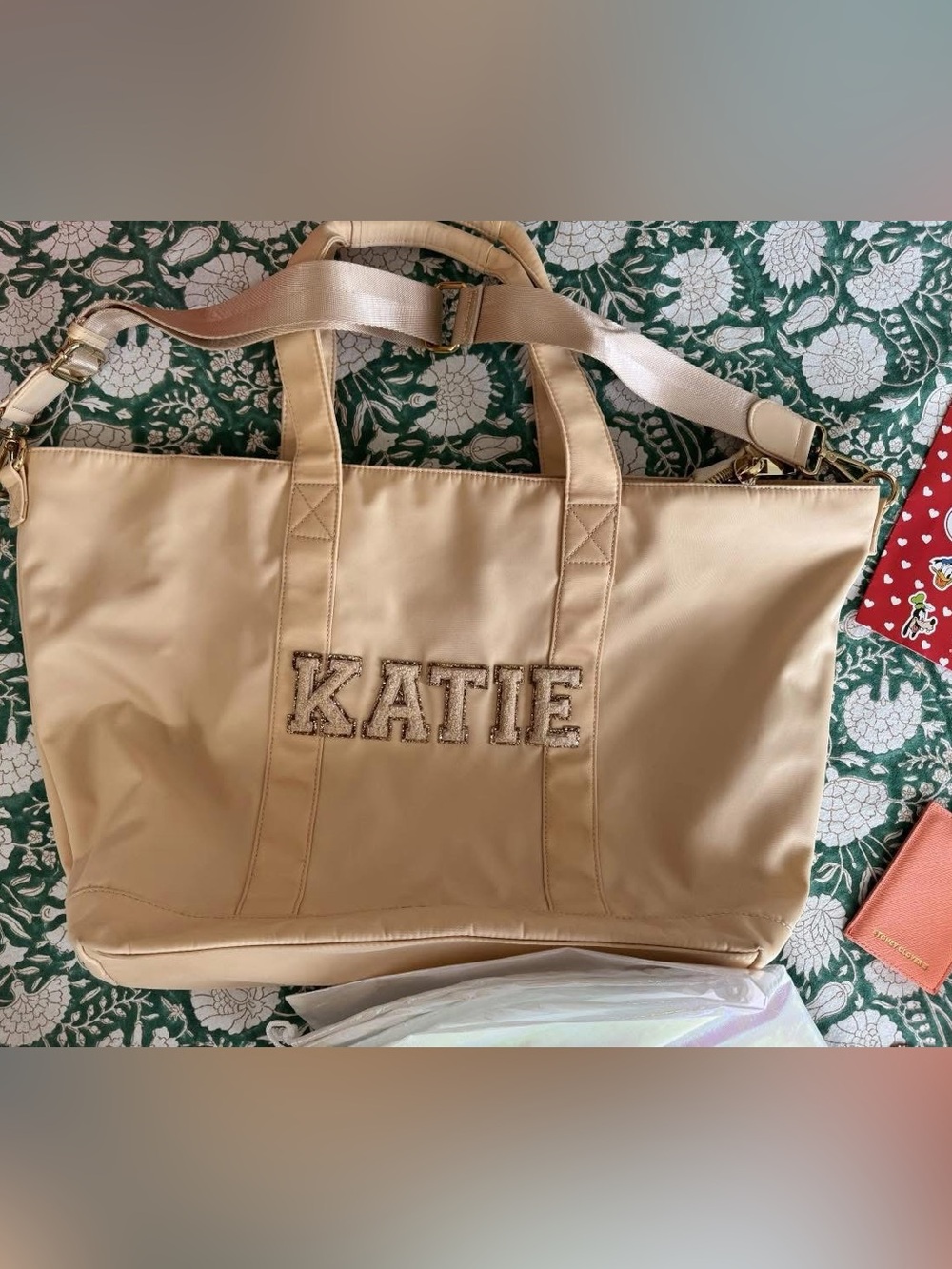Stoney Clover Lane Large Tote in Sand, Varsity Letters